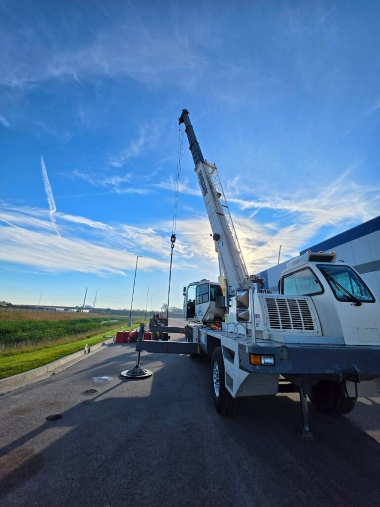 Horizon Terex T340-1 XL truck crane with its boom raised and outriggers deployed at a jobsite